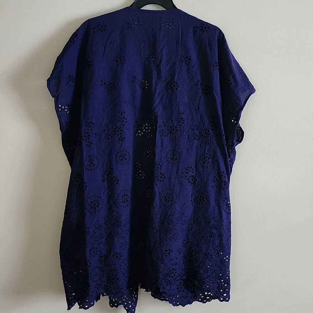J. Crew Deep Blue Eyelet Cardigan Kimono Womens S/M Organic Cotton